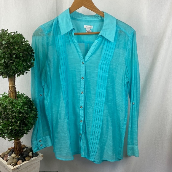 Chico’s Aqua Blue Long Convertible Sleeve Button Up Blouse Top 1 M - Picture 1 of 3